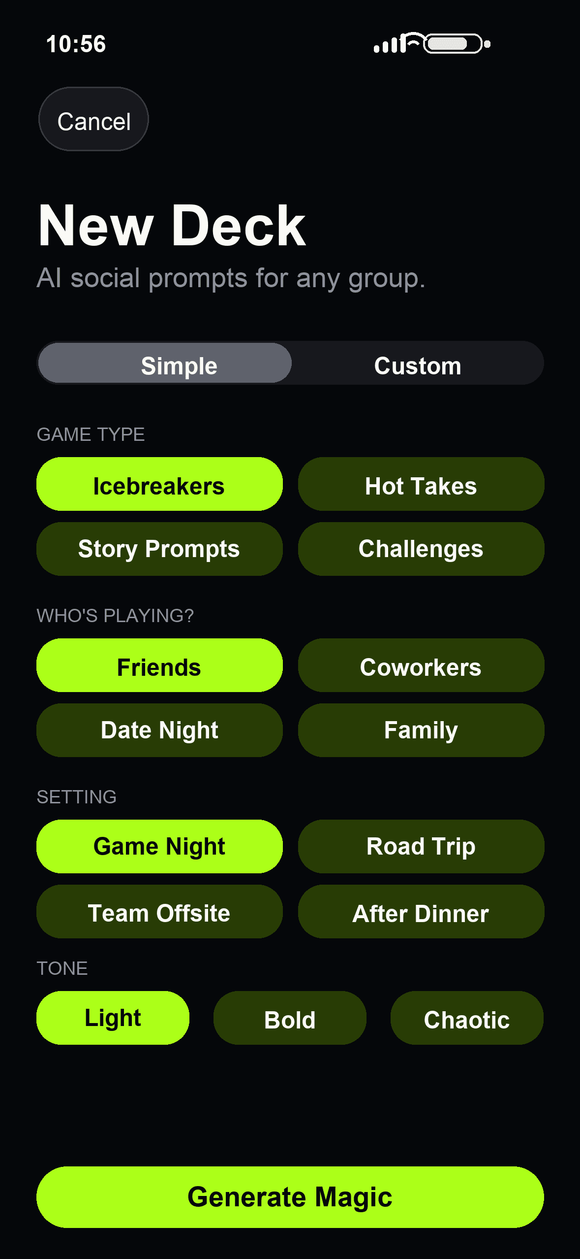 Pandora's Cards AI deck creation screen on iPhone
