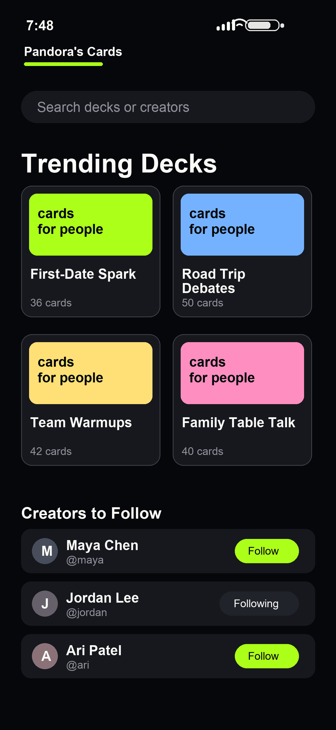 Pandora's Cards explore feed showing trending decks