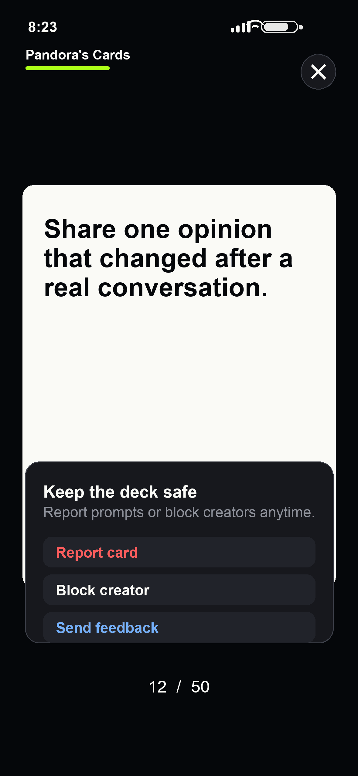 A Pandora's Cards card mid-swipe in gameplay